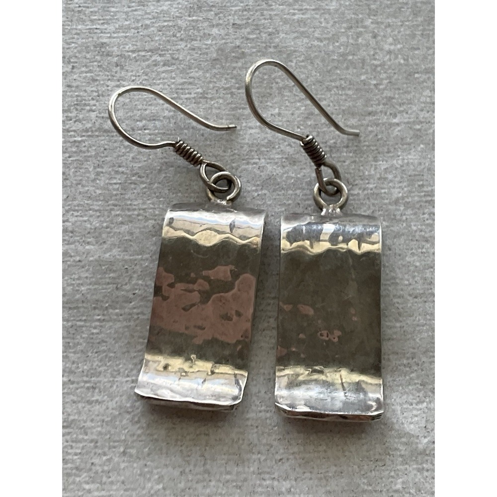 925 Sterling Silver Hammered Rectangle Dangle Drop Earrings Vintage Estate Jewel